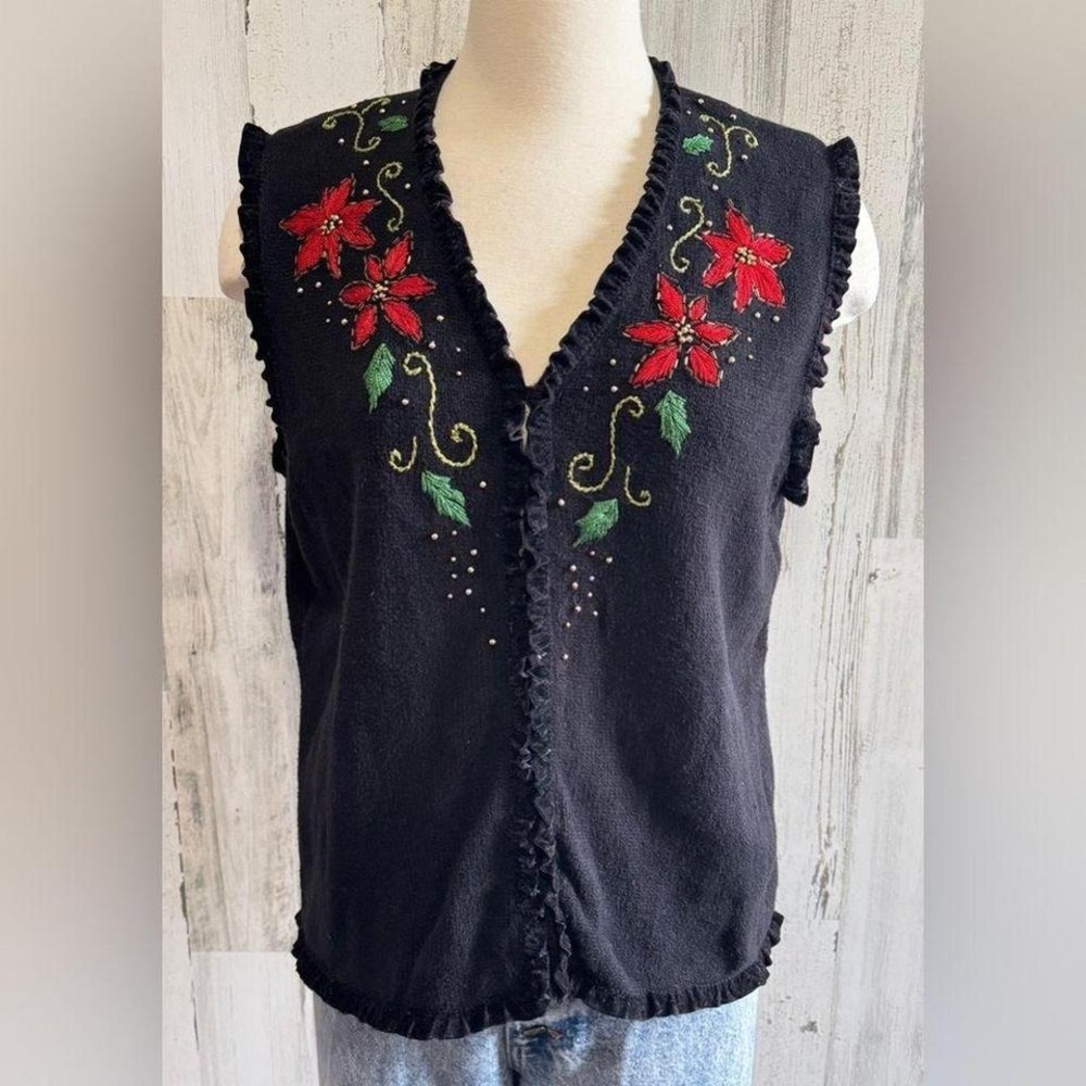 Vintage Embroidered Poinsettia Vest  beaded Holiday Christmas Ramie Cotton large